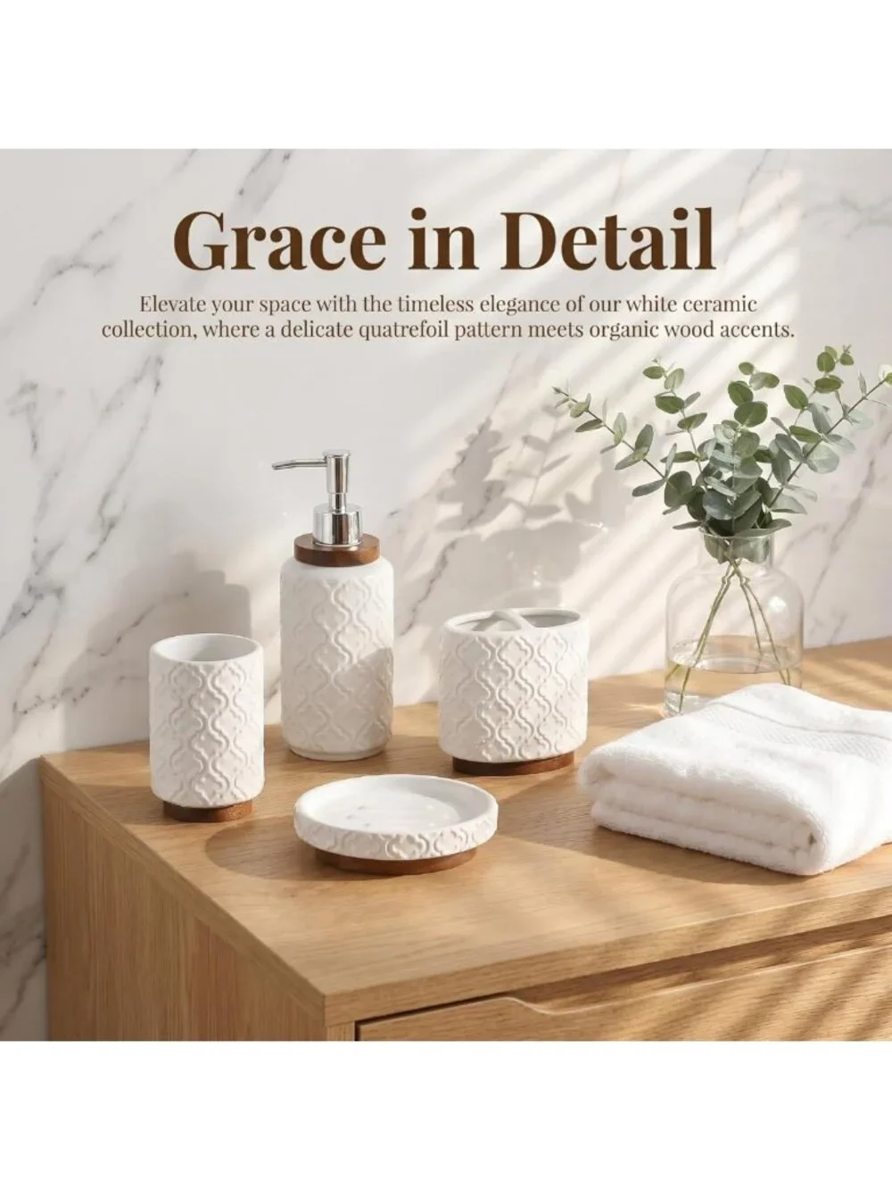 Elegant 4-Piece White Ceramic Bathroom Accessory Set with Wood Accents, Decor